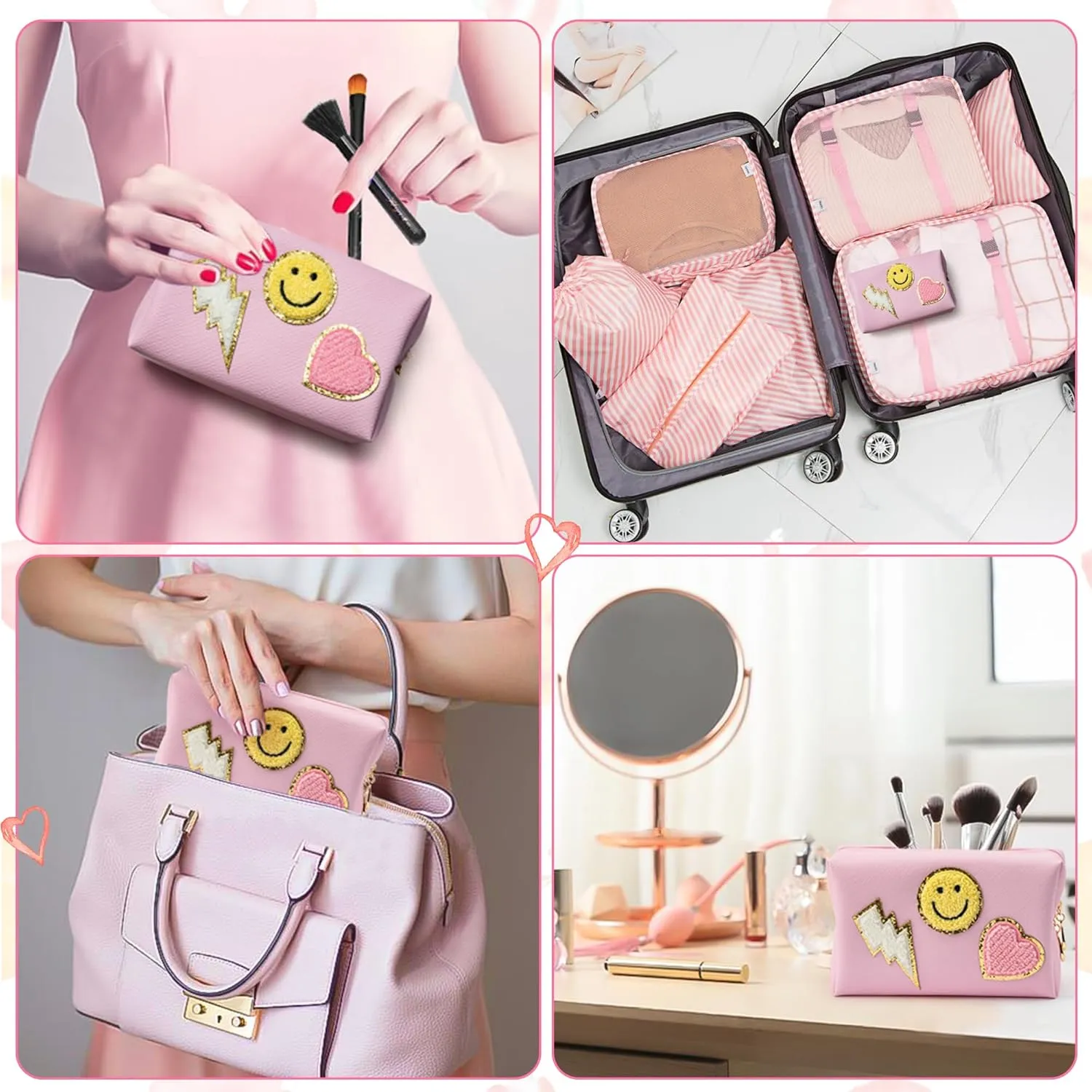 LieToi Preppy Patch Small Toiletry Bag Smile Lightning Heart PU Leather Portable Waterproof Makeup Cosmetic Bag Daily Use Storage Purse Travel Organizer Compliant Bag for Women Girls Gift (Pink)