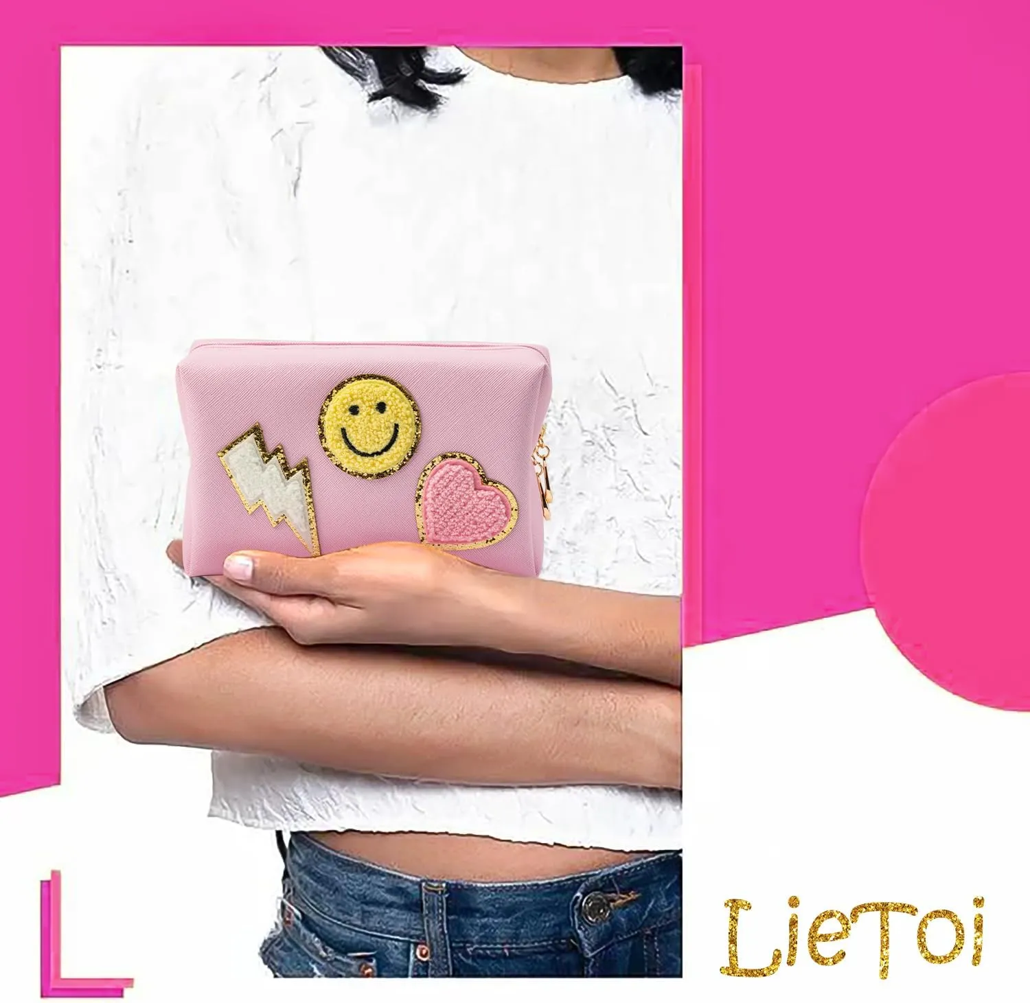 LieToi Preppy Patch Small Toiletry Bag Smile Lightning Heart PU Leather Portable Waterproof Makeup Cosmetic Bag Daily Use Storage Purse Travel Organizer Compliant Bag for Women Girls Gift (Pink)