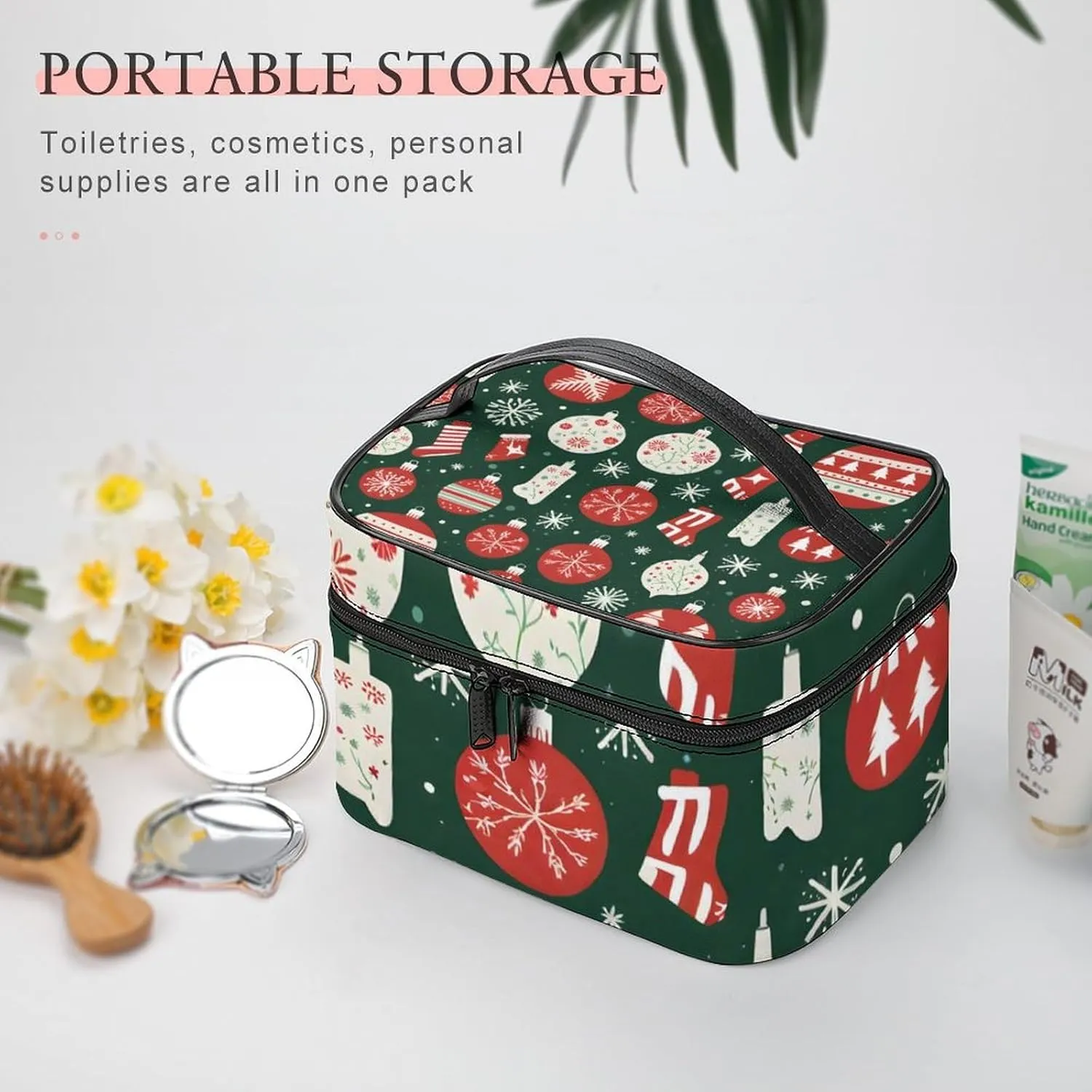 Lights, Decorations, Christmas Stockings Portable Cosmetic Bag,Large Capacity Travel Makeup Case Organizer, Women Toiletry Bag for Girls Traveling with Compartments 25x18x15cm