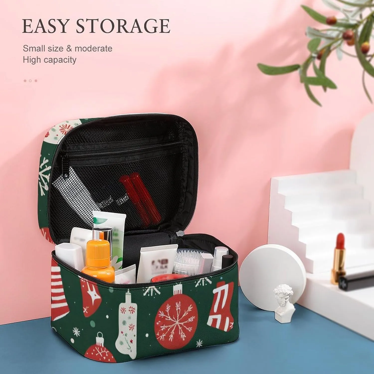 Lights, Decorations, Christmas Stockings Portable Cosmetic Bag,Large Capacity Travel Makeup Case Organizer, Women Toiletry Bag for Girls Traveling with Compartments 25x18x15cm