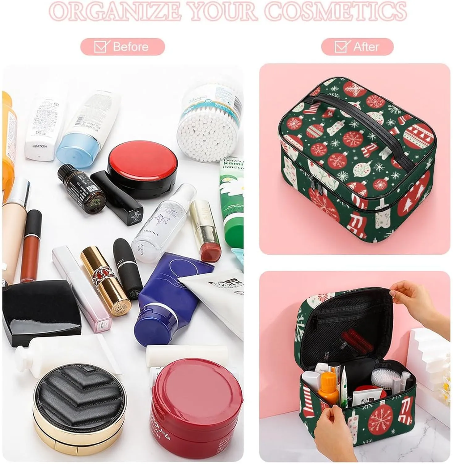 Lights, Decorations, Christmas Stockings Portable Cosmetic Bag,Large Capacity Travel Makeup Case Organizer, Women Toiletry Bag for Girls Traveling with Compartments 25x18x15cm
