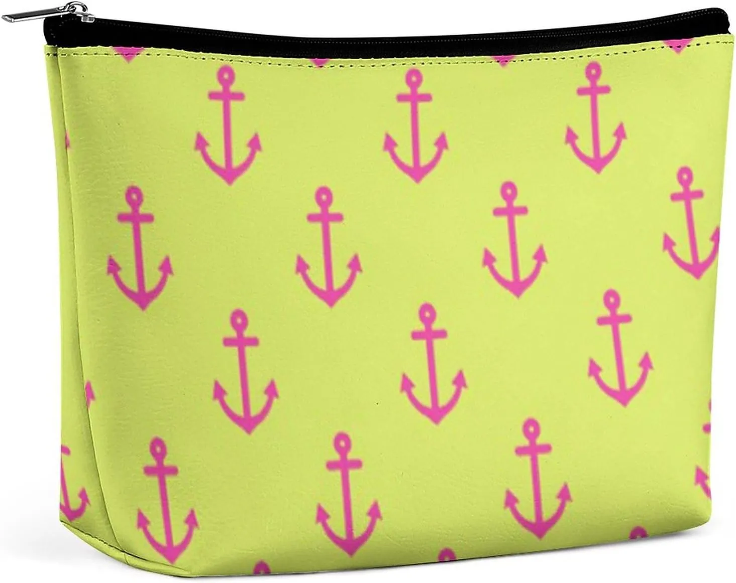 Lime Green Pink Nautical Anchor Pattern Cosmetic Bag, Travel Portable Makeup Bag for Purse Pouch Beauty Zipper Organizer Toiletry Bag for Women