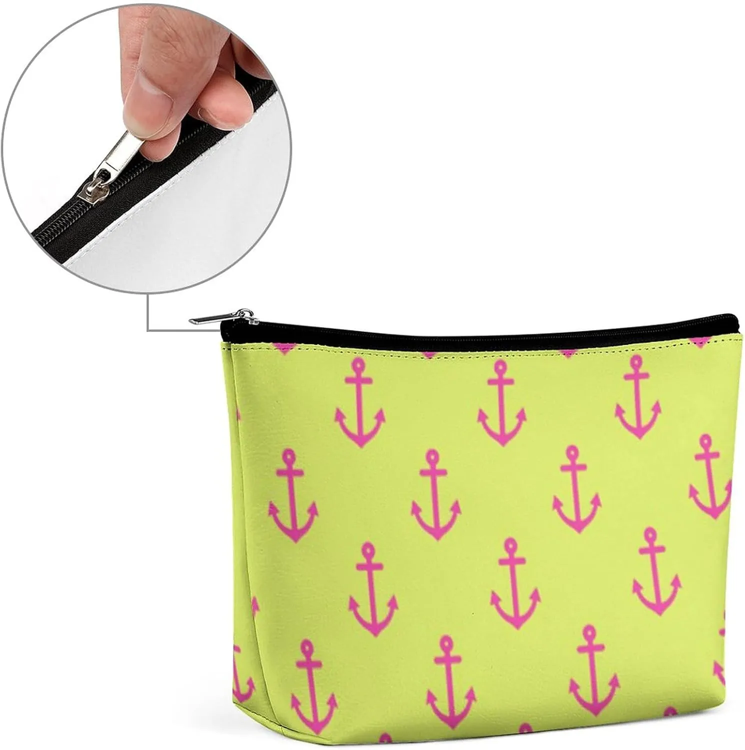 Lime Green Pink Nautical Anchor Pattern Cosmetic Bag, Travel Portable Makeup Bag for Purse Pouch Beauty Zipper Organizer Toiletry Bag for Women