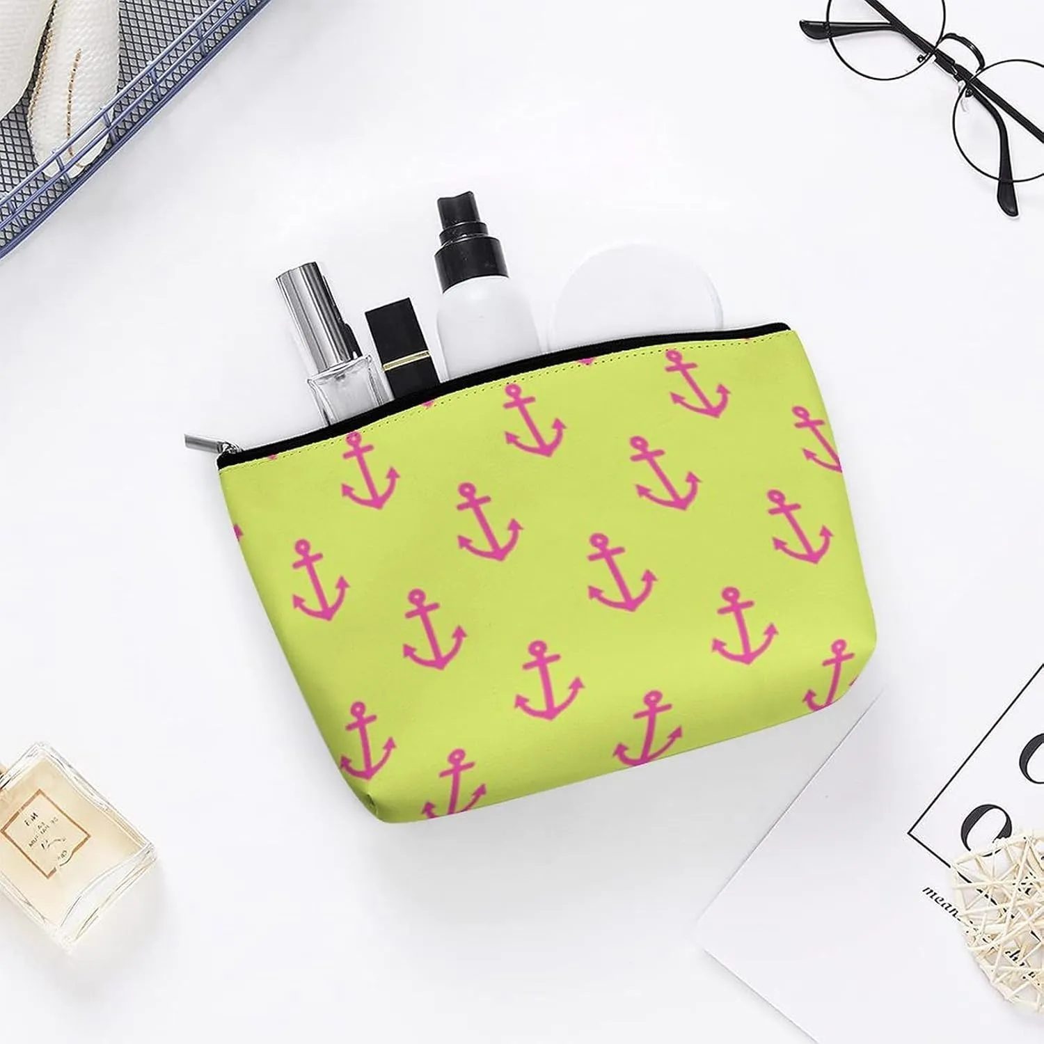 Lime Green Pink Nautical Anchor Pattern Cosmetic Bag, Travel Portable Makeup Bag for Purse Pouch Beauty Zipper Organizer Toiletry Bag for Women