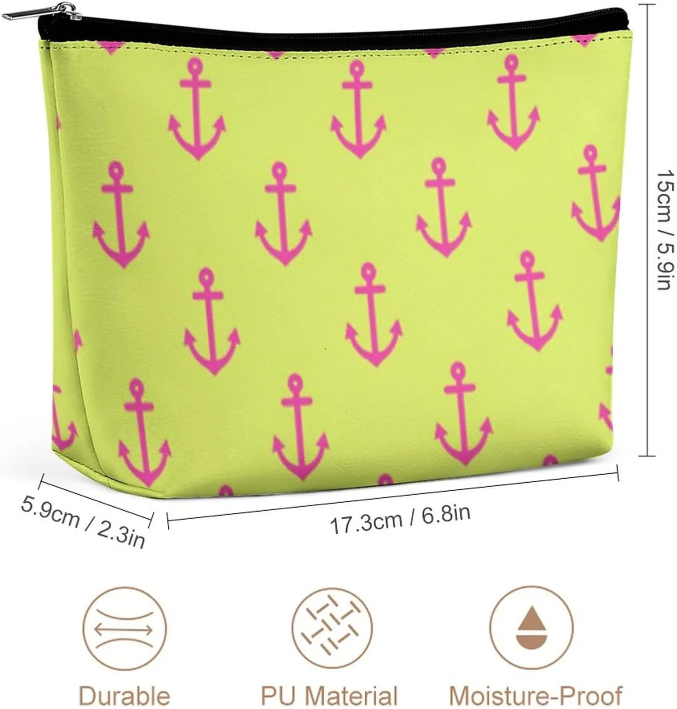 Lime Green Pink Nautical Anchor Pattern Cosmetic Bag, Travel Portable Makeup Bag for Purse Pouch Beauty Zipper Organizer Toiletry Bag for Women