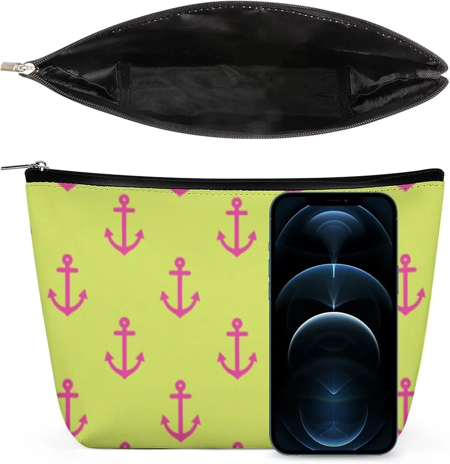 Lime Green Pink Nautical Anchor Pattern Cosmetic Bag, Travel Portable Makeup Bag for Purse Pouch Beauty Zipper Organizer Toiletry Bag for Women