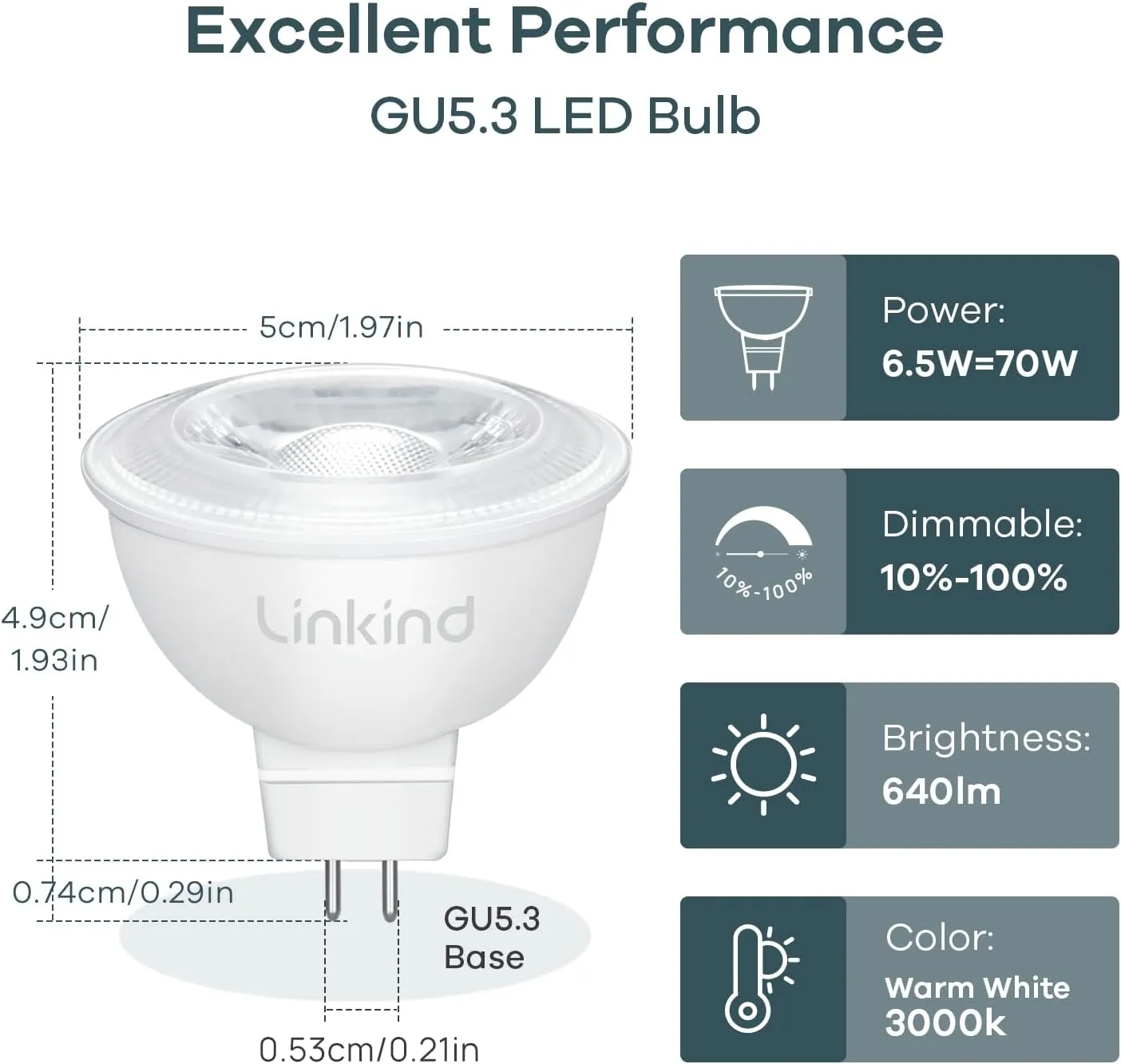 Linkind MR16 LED Bulb Dimmable, GU5.3 Bi-Pin Base LED Light Bulbs, 6.5W (70W Equivalent) 3000K Soft White 640lm MR16 LED Spot Lights, Recessed, Tracking Lights, 12V Low Voltage, 6 Packs