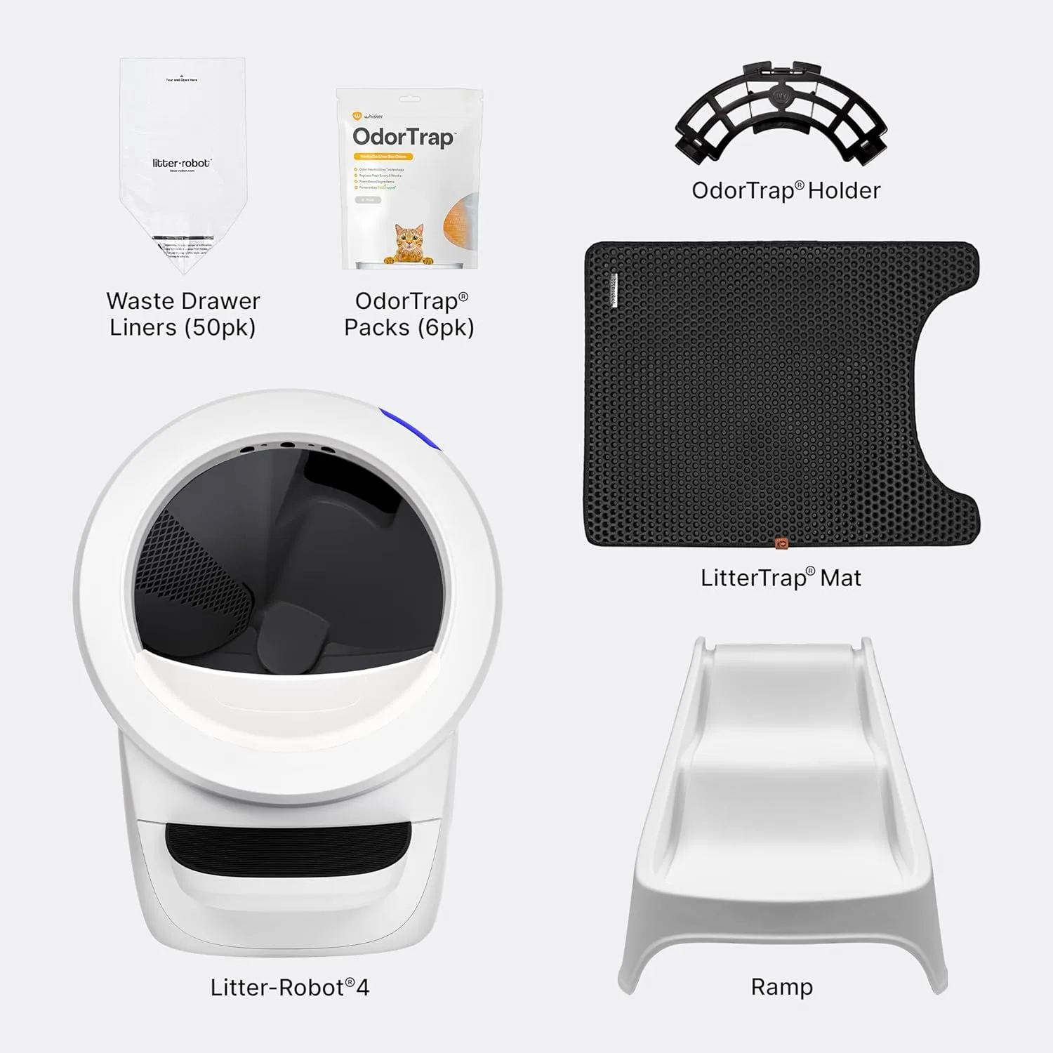 Litter-Robot 4 Complete Bundle by Whisker (White) - Automatic, Self-Cleaning Cat Box, Includes 6 OdorTrap Pack Refills, 50 Waste Drawer Liners, Ramp, Mat & Fence