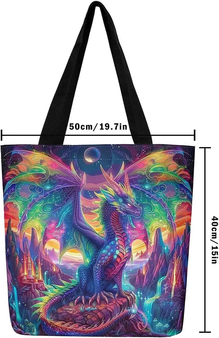Little Dragon Canvas Tote Bag Cartoon Pterosaur The Tote Bag,Cute Jungle Animal Prehistoric Wild Animals