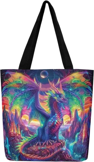 Little Dragon Canvas Tote Bag Cartoon Pterosaur The Tote Bag,Cute Jungle Animal Prehistoric Wild Animals