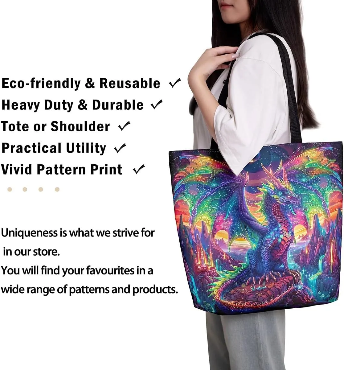 Little Dragon Canvas Tote Bag Cartoon Pterosaur The Tote Bag,Cute Jungle Animal Prehistoric Wild Animals