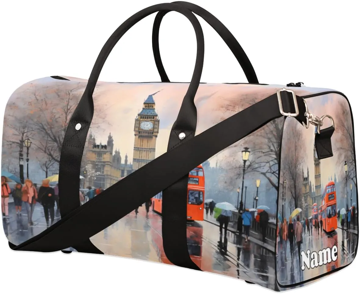 London Street Car Oil Painting Sports Tote Gym Duffel Bag Customized Name for Women & Men,Waterproof Beach Bag Foldable Personal Item Travel Bag for Weekender Overnight Dance Carry-On Bag