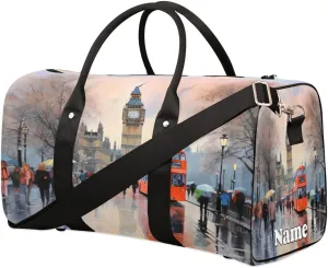 London Street Car Oil Painting Sports Tote Gym Duffel Bag Customized Name for Women & Men,Waterproof Beach Bag Foldable Personal Item Travel Bag for Weekender Overnight Dance Carry-On Bag