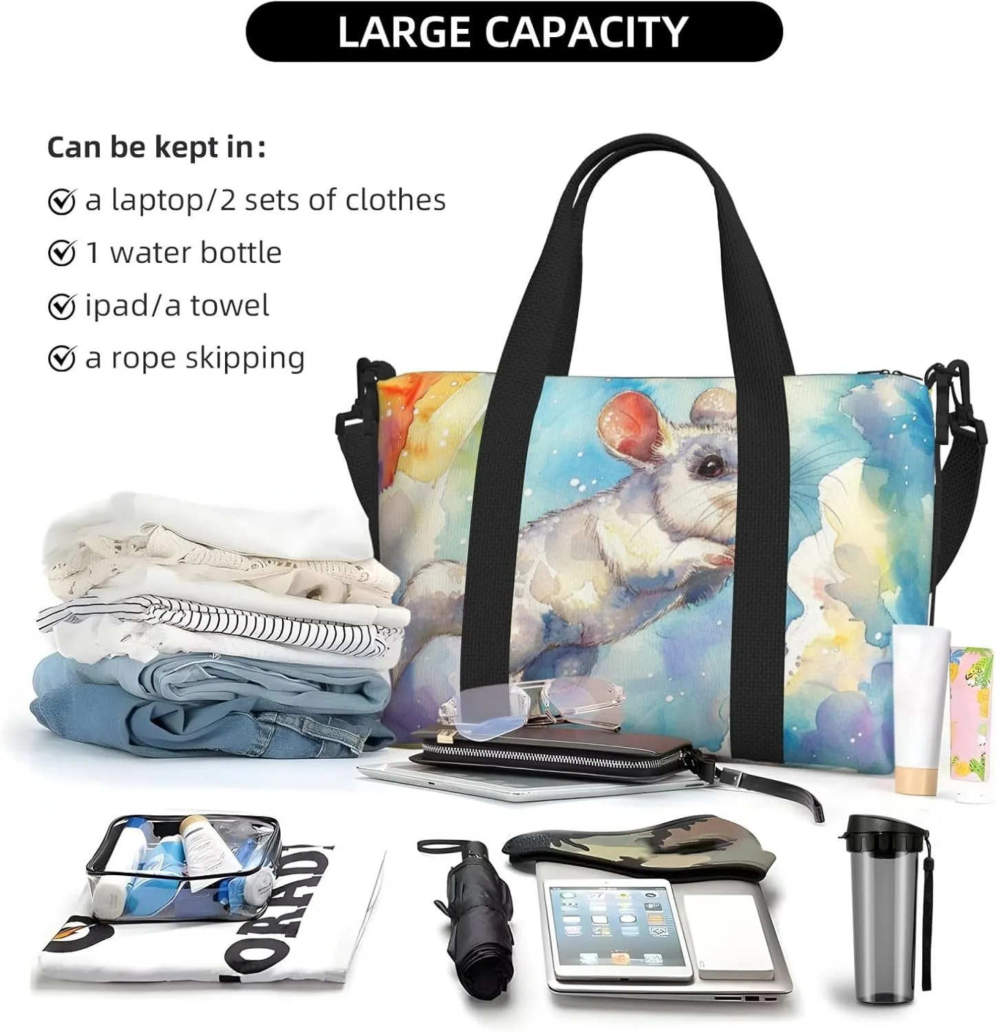 Lovely cute colorful animal print Travel Duffel Bag, Sports Tote Gym Bag, Swim Pool Bag Large Shoulder Tote Bag for Beach Weekender