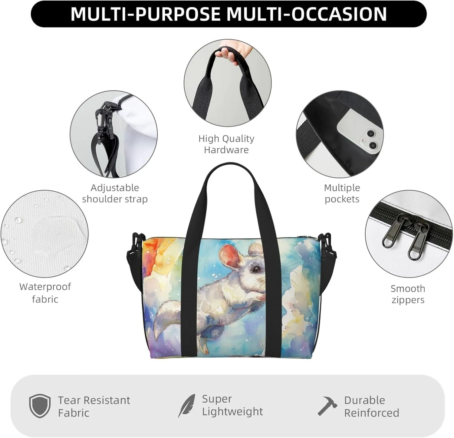 Lovely cute colorful animal print Travel Duffel Bag, Sports Tote Gym Bag, Swim Pool Bag Large Shoulder Tote Bag for Beach Weekender