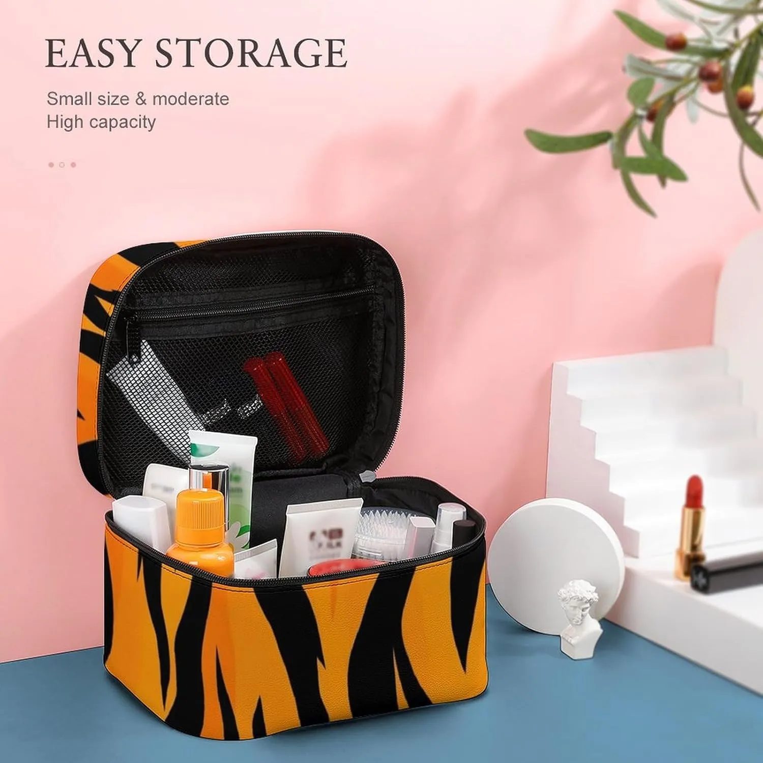 Make Up Bags Animal Print Tiger Stripe Cosmetics Organizer Case for Women, Travel Toiletry Brushes Storage Bag with Carry Handle