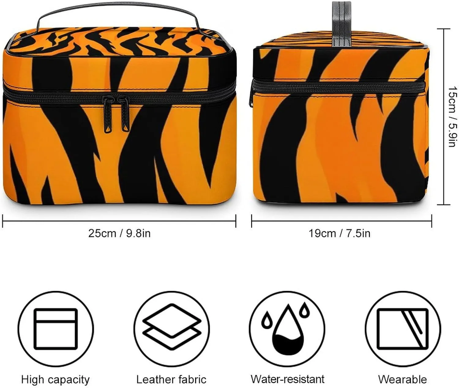 Make Up Bags Animal Print Tiger Stripe Cosmetics Organizer Case for Women, Travel Toiletry Brushes Storage Bag with Carry Handle