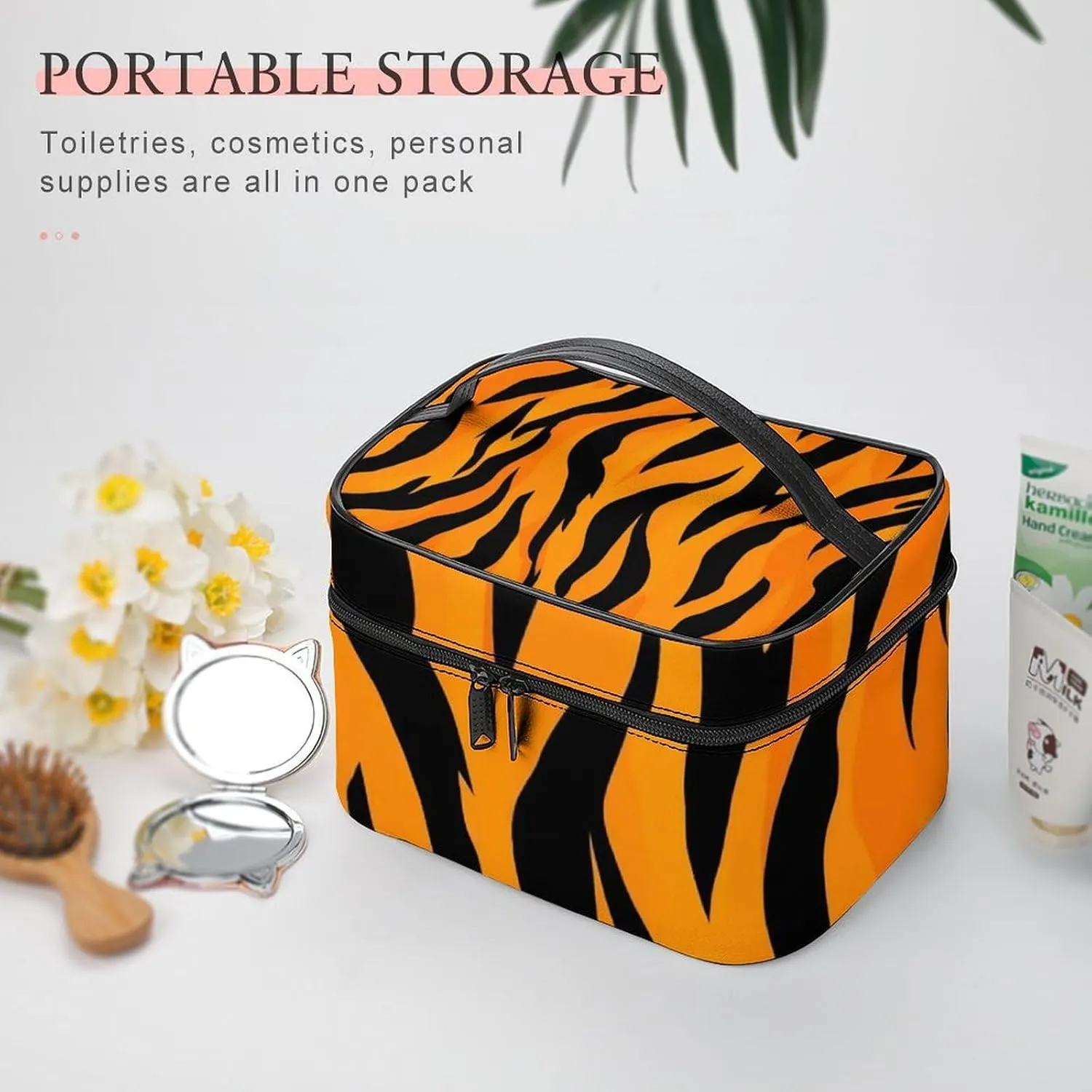 Make Up Bags Animal Print Tiger Stripe Cosmetics Organizer Case for Women, Travel Toiletry Brushes Storage Bag with Carry Handle