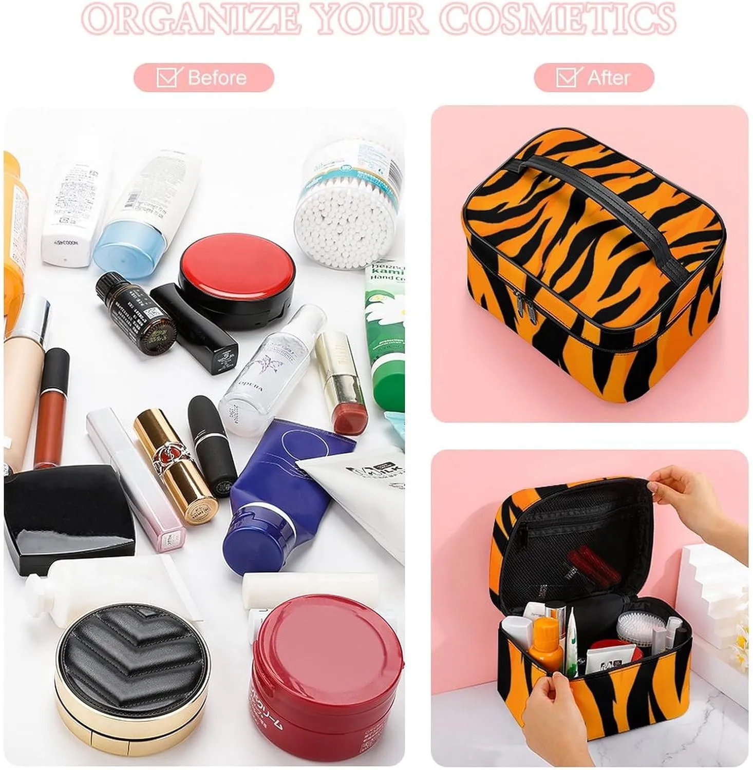 Make Up Bags Animal Print Tiger Stripe Cosmetics Organizer Case for Women, Travel Toiletry Brushes Storage Bag with Carry Handle