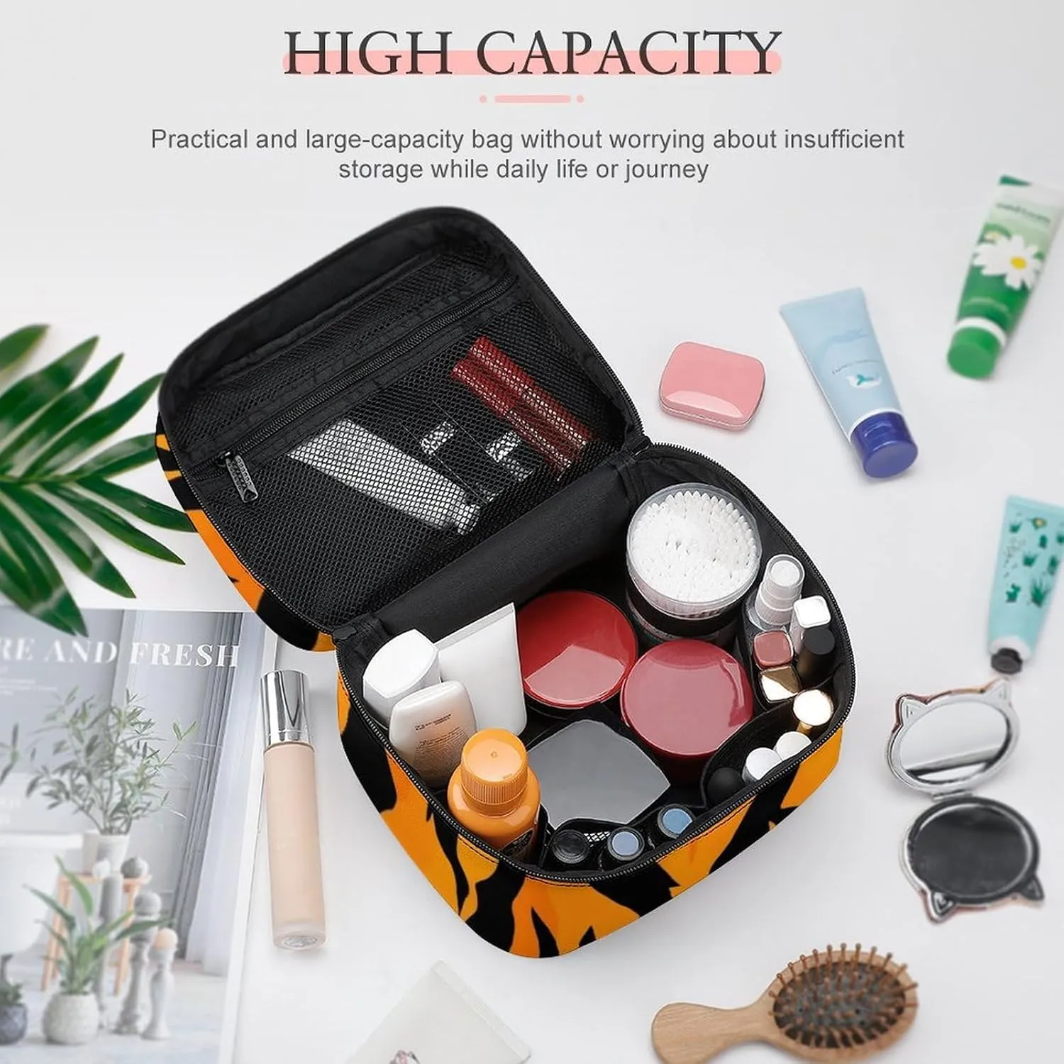 Make Up Bags Animal Print Tiger Stripe Cosmetics Organizer Case for Women, Travel Toiletry Brushes Storage Bag with Carry Handle