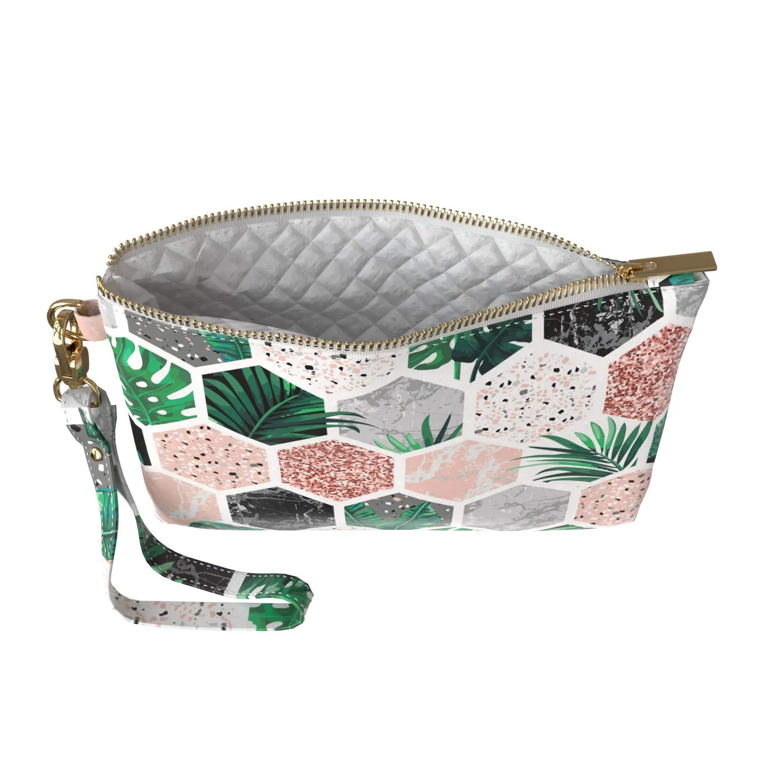 Makeup Bag 9.5 x 6 inch Rose Tropical Print PU Leather Toiletry Zipper Travel Case Leaves Strap Accessories Gold Mosaic Purse Pouch Hexagon Cosmetic Portable Organizer Design Storage Geometric