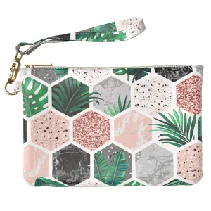 Makeup Bag 9.5 x 6 inch Rose Tropical Print PU Leather Toiletry Zipper Travel Case Leaves Strap Accessories Gold Mosaic Purse Pouch Hexagon Cosmetic Portable Organizer Design Storage Geometric
