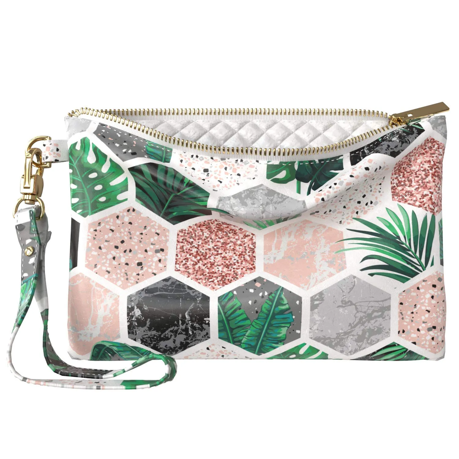Makeup Bag 9.5 x 6 inch Rose Tropical Print PU Leather Toiletry Zipper Travel Case Leaves Strap Accessories Gold Mosaic Purse Pouch Hexagon Cosmetic Portable Organizer Design Storage Geometric