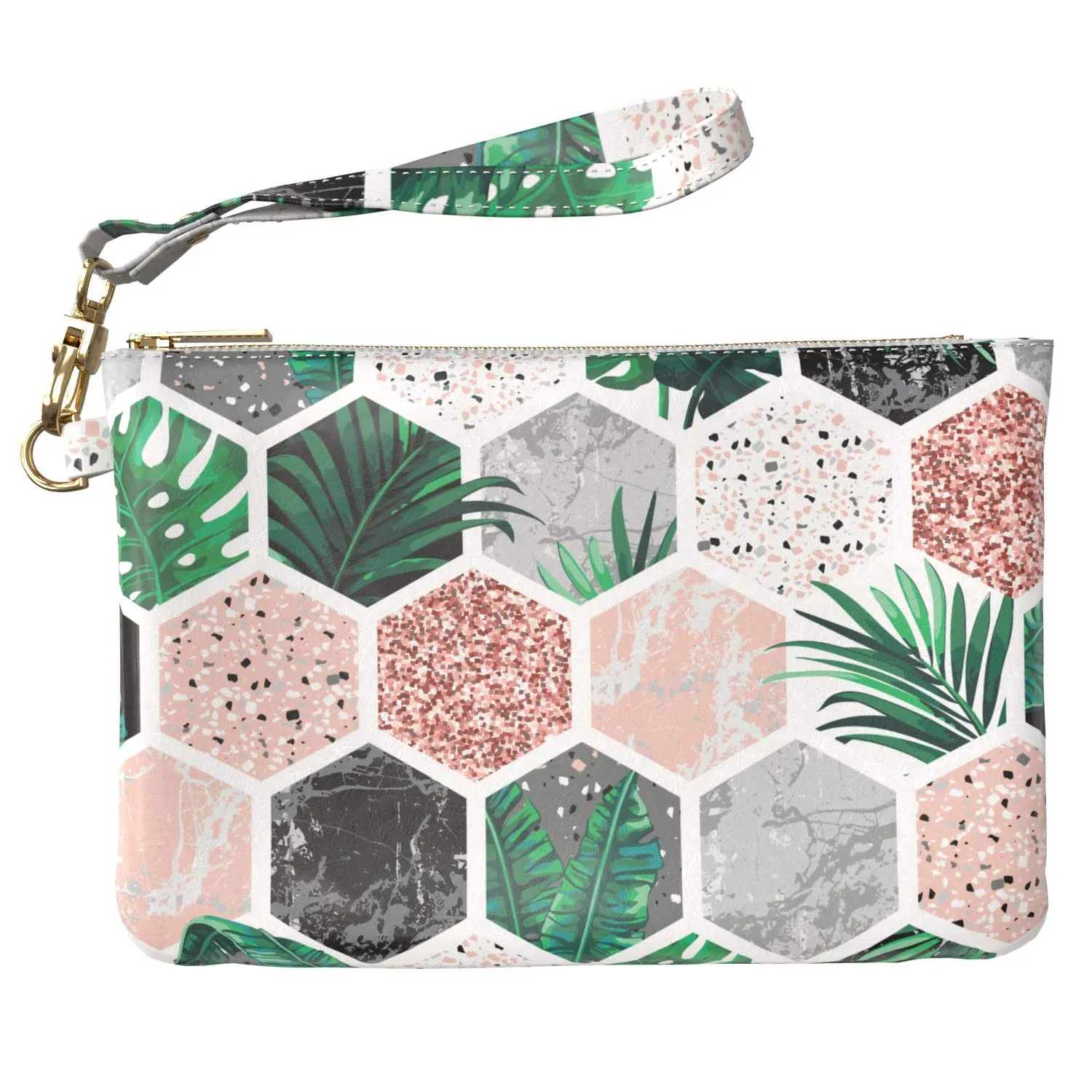 Makeup Bag 9.5 x 6 inch Rose Tropical Print PU Leather Toiletry Zipper Travel Case Leaves Strap Accessories Gold Mosaic Purse Pouch Hexagon Cosmetic Portable Organizer Design Storage Geometric