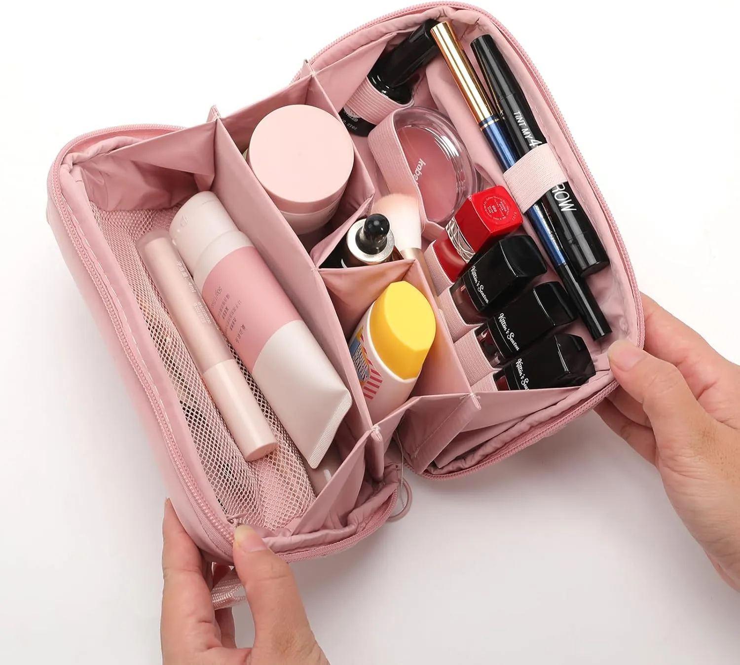 Makeup Bag for Travel Medium Cosmetic Case for Women Large Capacity Portable Zipper Cosmetic Organizer with Compartments Pink