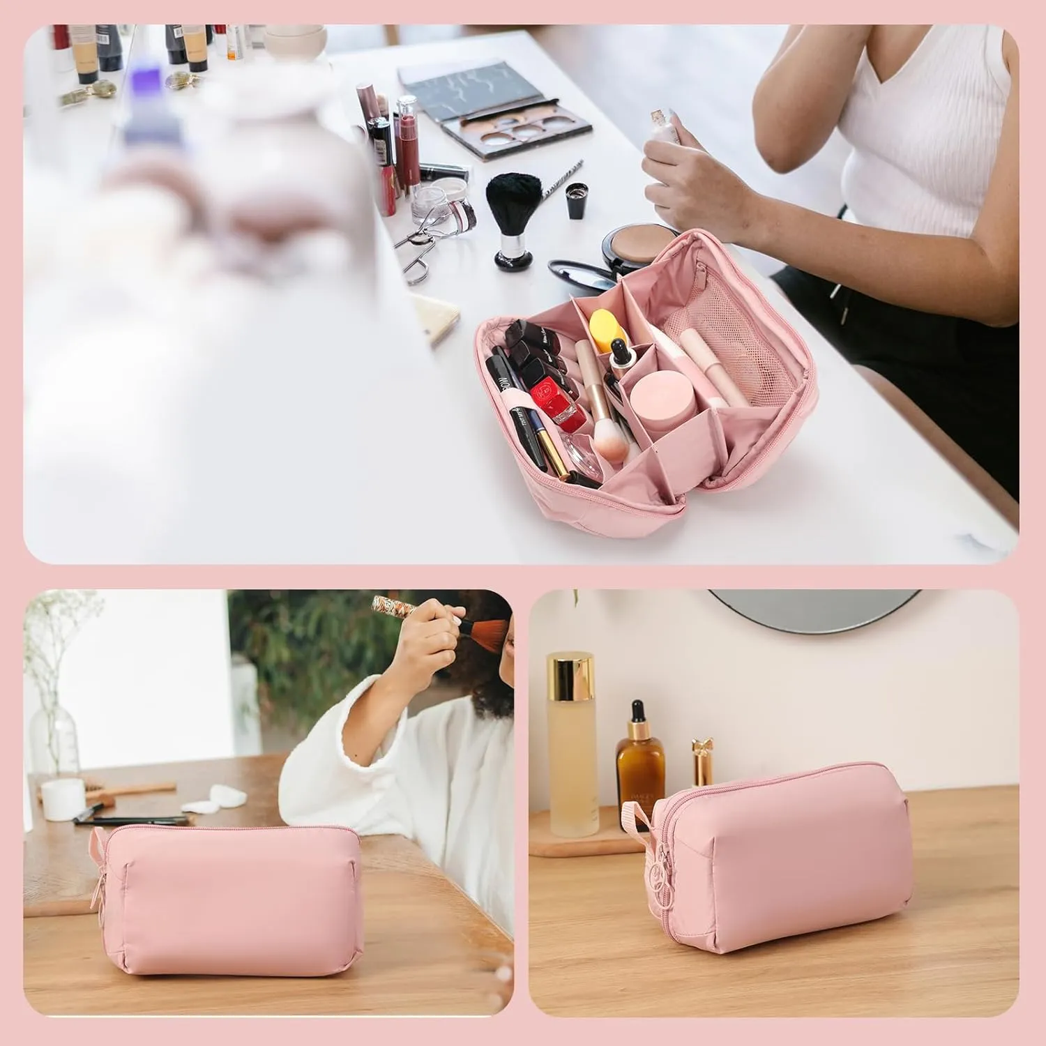 Makeup Bag for Travel Medium Cosmetic Case for Women Large Capacity Portable Zipper Cosmetic Organizer with Compartments Pink