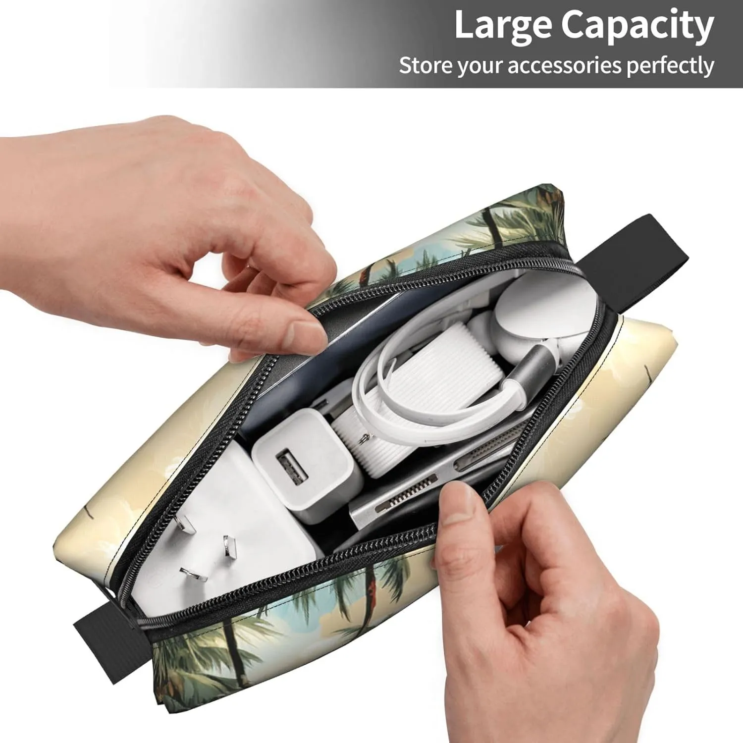 Makeup Bag for Women Palm trees and sailing boats Large Capacity Cosmetic Bags Portable Toiletry Bag Travel Storage