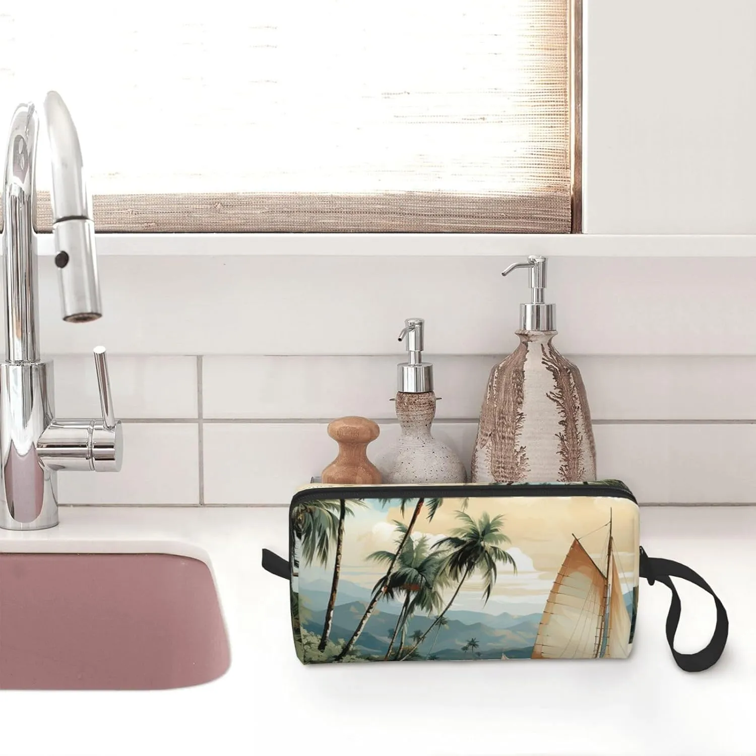 Makeup Bag for Women Palm trees and sailing boats Large Capacity Cosmetic Bags Portable Toiletry Bag Travel Storage