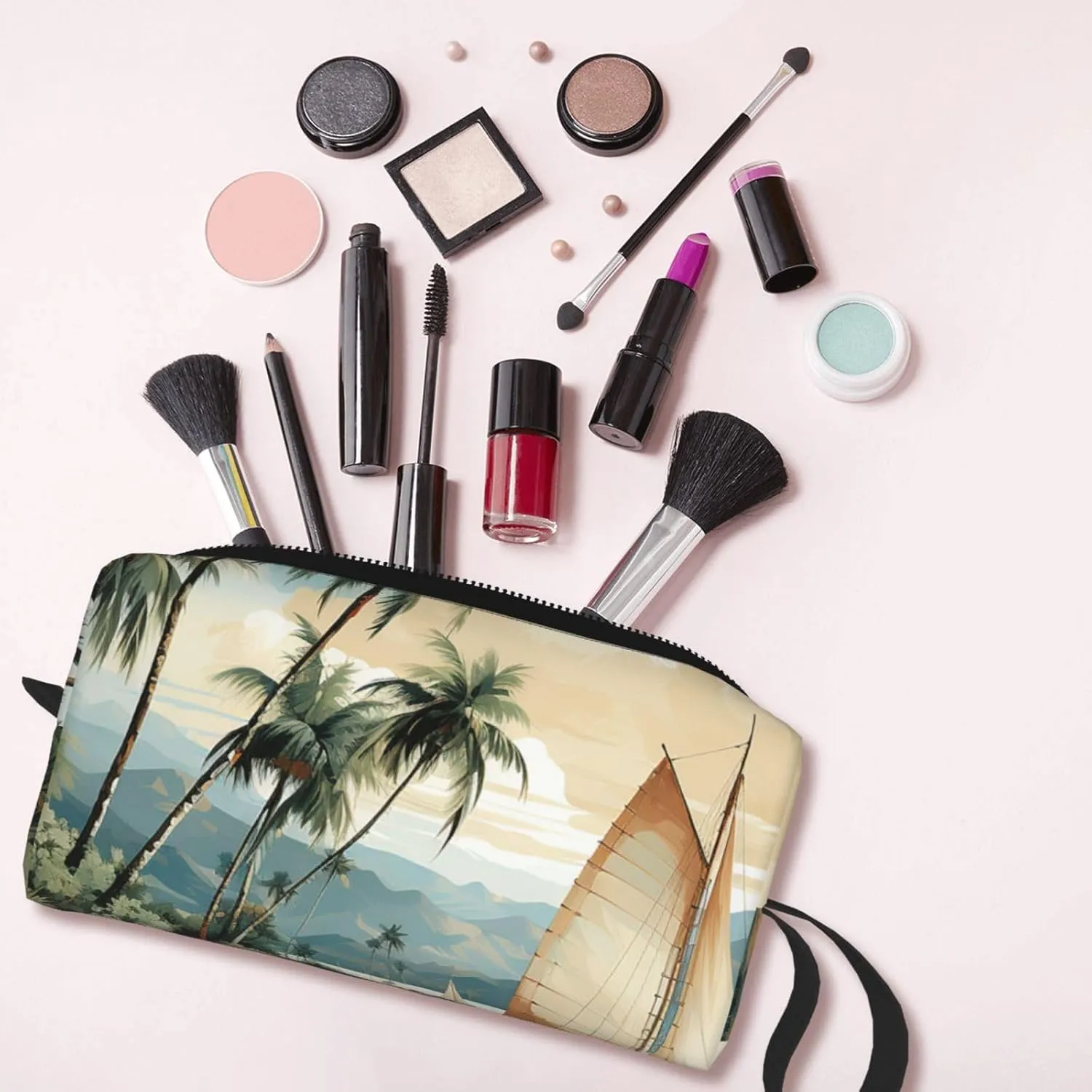 Makeup Bag for Women Palm trees and sailing boats Large Capacity Cosmetic Bags Portable Toiletry Bag Travel Storage