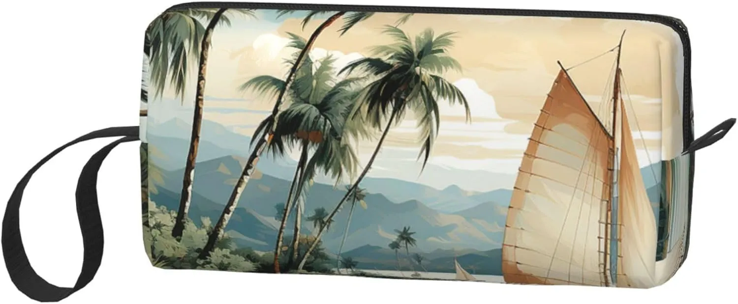 Makeup Bag for Women Palm trees and sailing boats Large Capacity Cosmetic Bags Portable Toiletry Bag Travel Storage