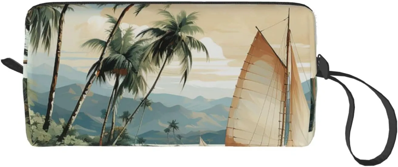 Makeup Bag for Women Palm trees and sailing boats Large Capacity Cosmetic Bags Portable Toiletry Bag Travel Storage