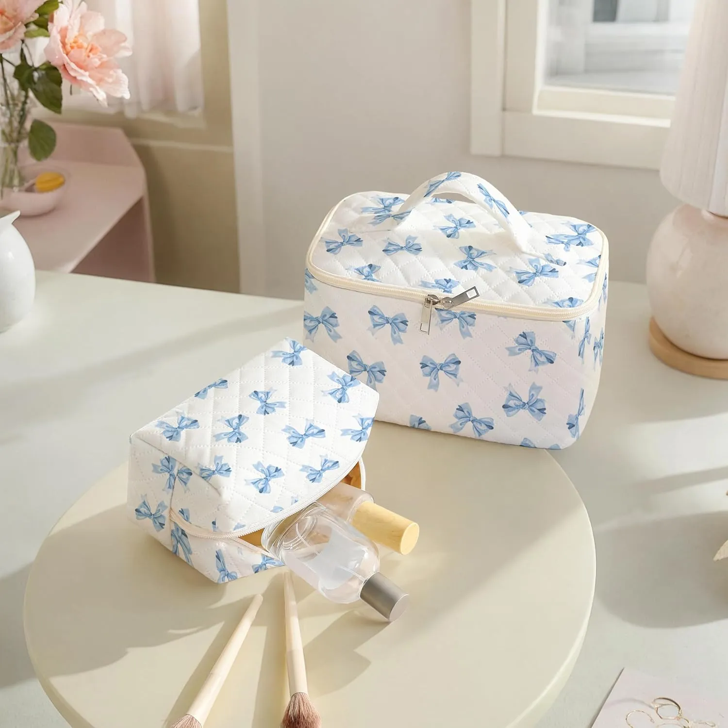 Makeup Bag For Women,Travel Toiletry Organizer,Cute Quilted Cotton Cosmetic Pouch,Portable Make Up Bags For Friendship Gift 2Pack