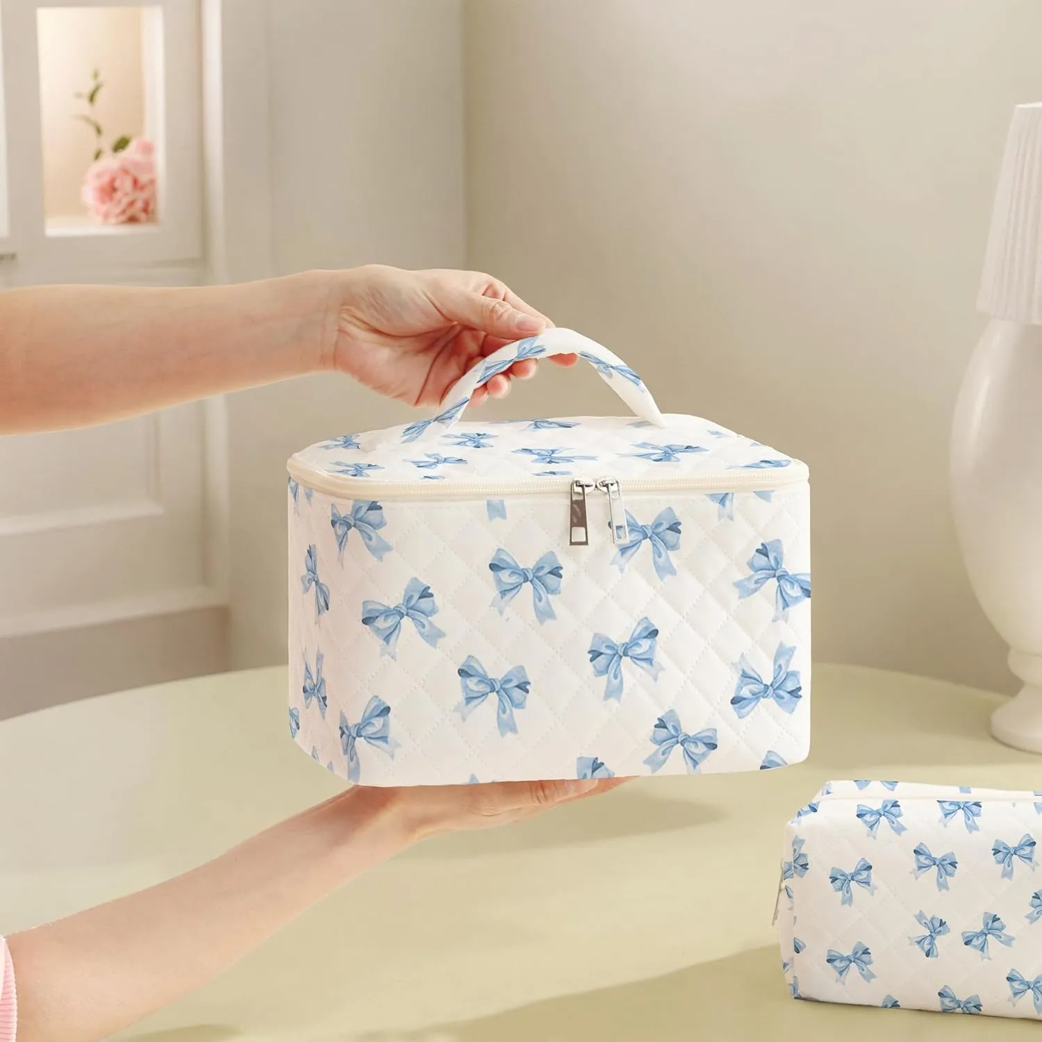 Makeup Bag For Women,Travel Toiletry Organizer,Cute Quilted Cotton Cosmetic Pouch,Portable Make Up Bags For Friendship Gift 2Pack