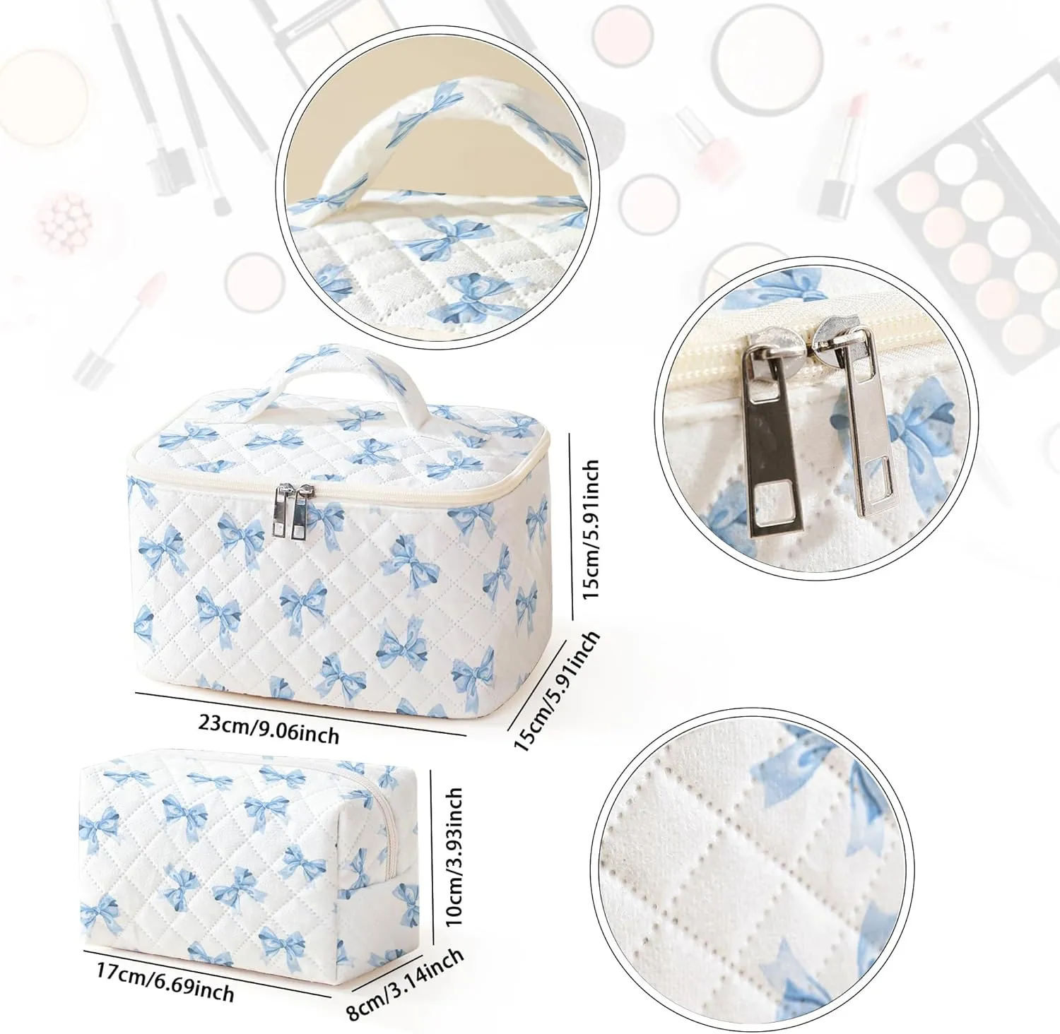 Makeup Bag For Women,Travel Toiletry Organizer,Cute Quilted Cotton Cosmetic Pouch,Portable Make Up Bags For Friendship Gift 2Pack