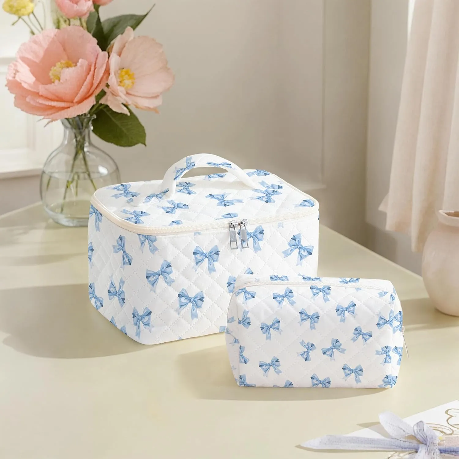 Makeup Bag For Women,Travel Toiletry Organizer,Cute Quilted Cotton Cosmetic Pouch,Portable Make Up Bags For Friendship Gift 2Pack