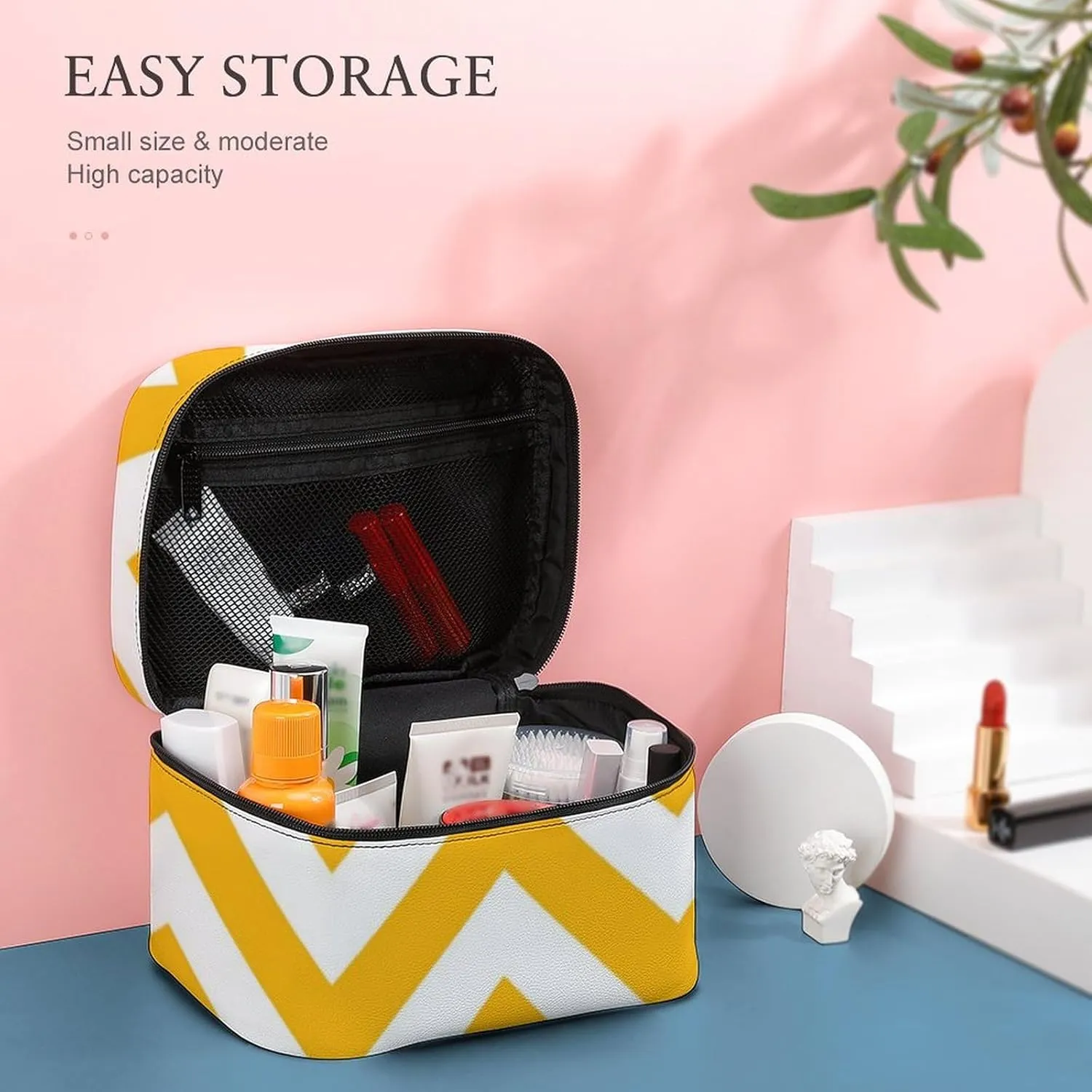 Makeup Bag, Golden White Large Chevron ZigZag Pattern Travel Cosmetic Bag Makeup Organizer Case Large Capacity Portable Zipper Toiletry Bag for Women
