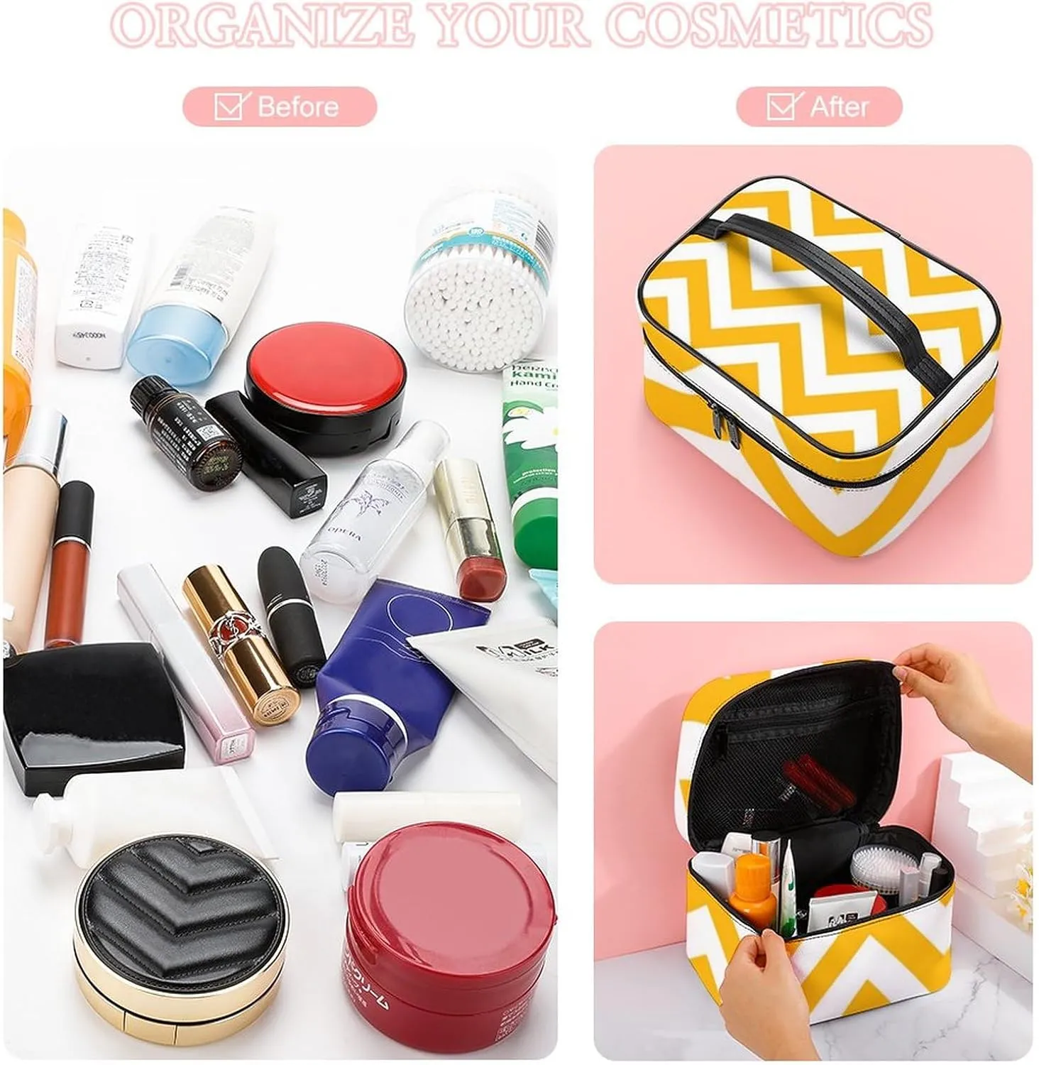 Makeup Bag, Golden White Large Chevron ZigZag Pattern Travel Cosmetic Bag Makeup Organizer Case Large Capacity Portable Zipper Toiletry Bag for Women