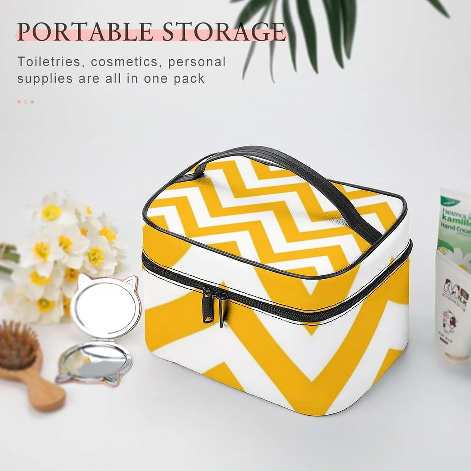 Makeup Bag, Golden White Large Chevron ZigZag Pattern Travel Cosmetic Bag Makeup Organizer Case Large Capacity Portable Zipper Toiletry Bag for Women
