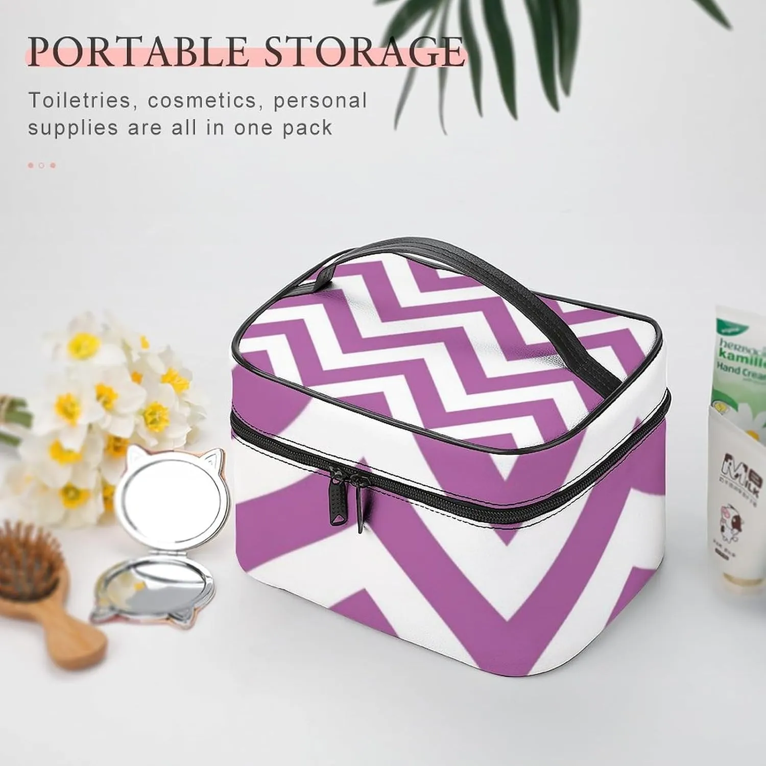 Makeup Bag, Orchid Purple, White Chevron ZigZag Pattern Travel Cosmetic Bag Makeup Organizer Case Large Capacity Portable Zipper Toiletry Bag for Women