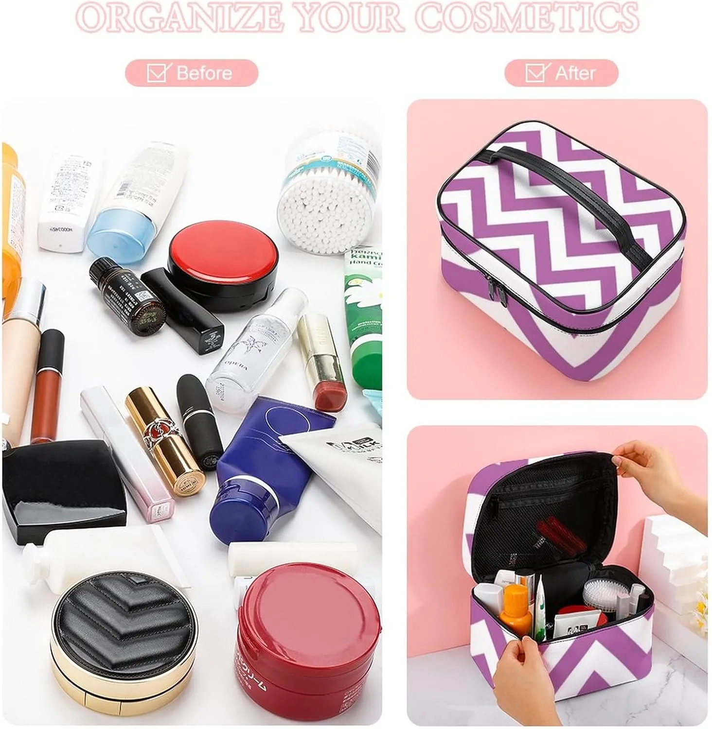 Makeup Bag, Orchid Purple, White Chevron ZigZag Pattern Travel Cosmetic Bag Makeup Organizer Case Large Capacity Portable Zipper Toiletry Bag for Women