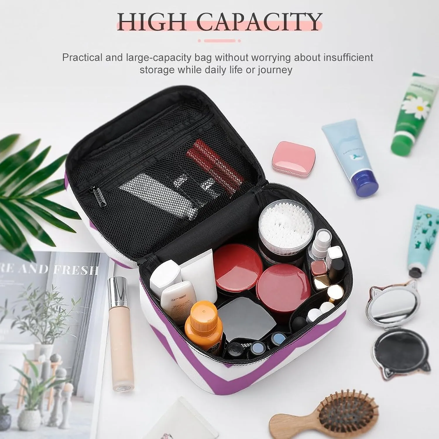 Makeup Bag, Orchid Purple, White Chevron ZigZag Pattern Travel Cosmetic Bag Makeup Organizer Case Large Capacity Portable Zipper Toiletry Bag for Women