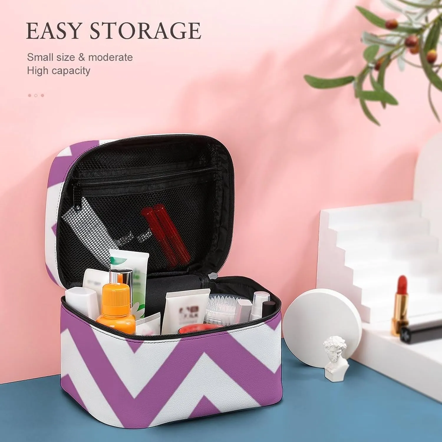Makeup Bag, Orchid Purple, White Chevron ZigZag Pattern Travel Cosmetic Bag Makeup Organizer Case Large Capacity Portable Zipper Toiletry Bag for Women