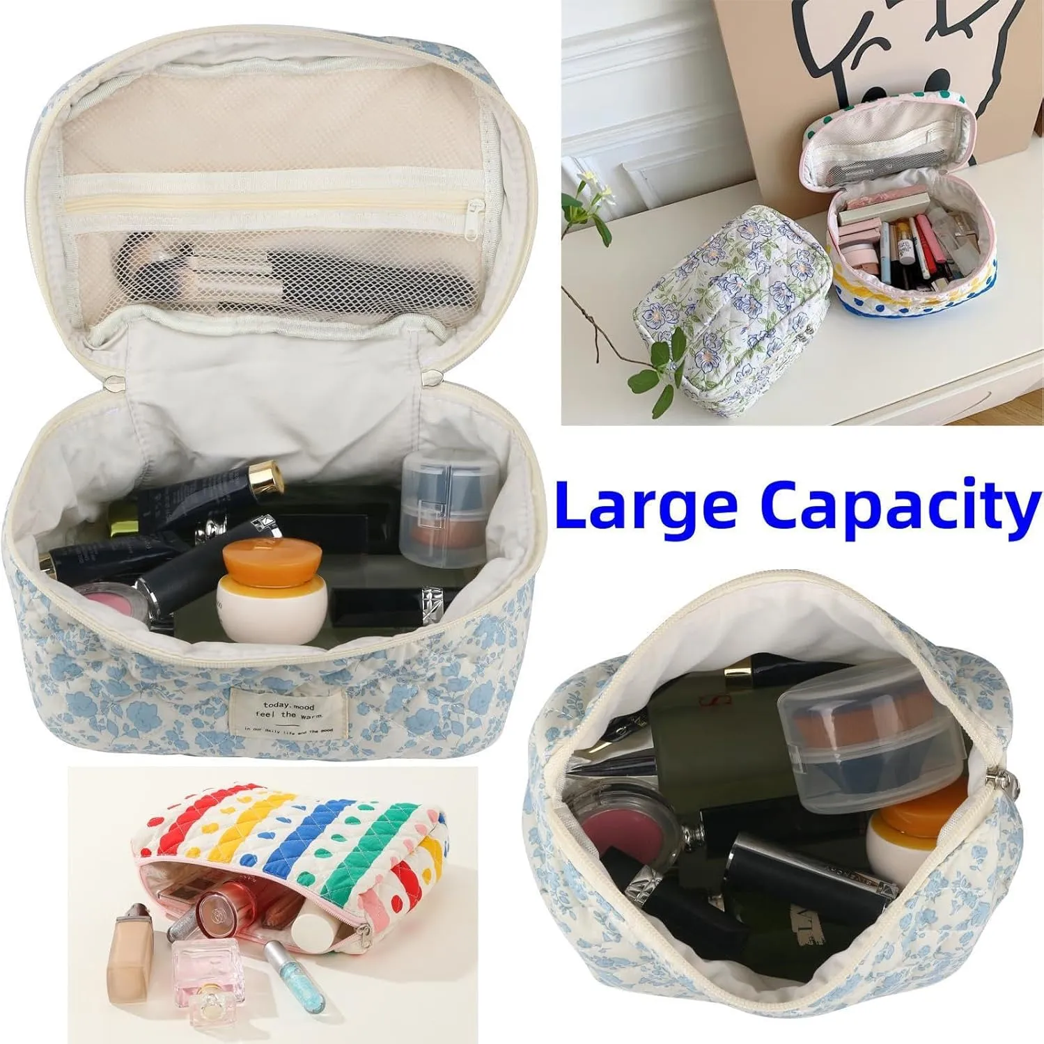 Makeup Bag Travel Essentials Quilted Cosmetic Toiletry Pouch Organizer Insert for Women Dorm Room Essential Gift Large Capacity Opening Lightweight Cute Aesthetic Portable 2PCS (Rabbit)
