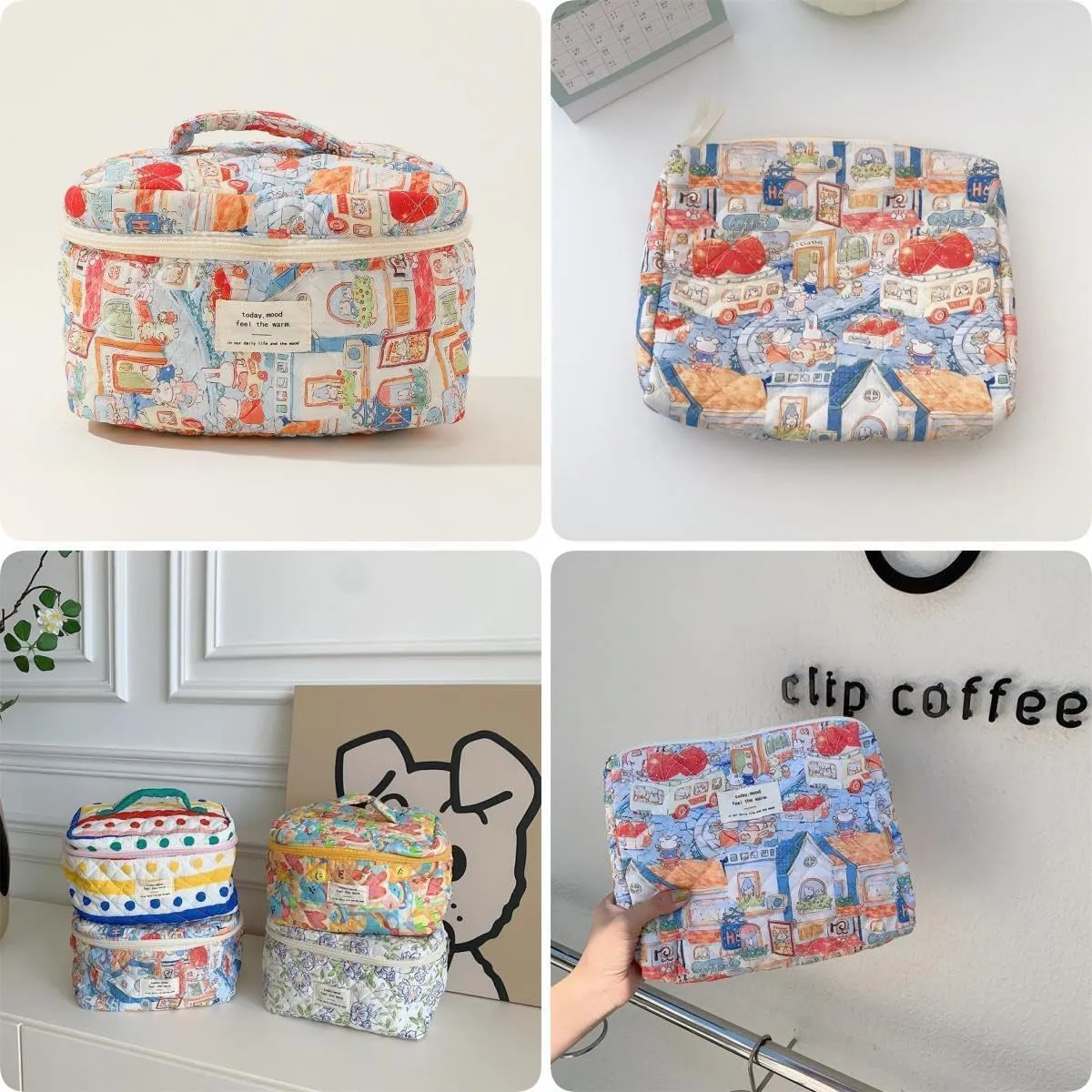 Makeup Bag Travel Essentials Quilted Cosmetic Toiletry Pouch Organizer Insert for Women Dorm Room Essential Gift Large Capacity Opening Lightweight Cute Aesthetic Portable 2PCS (Rabbit)