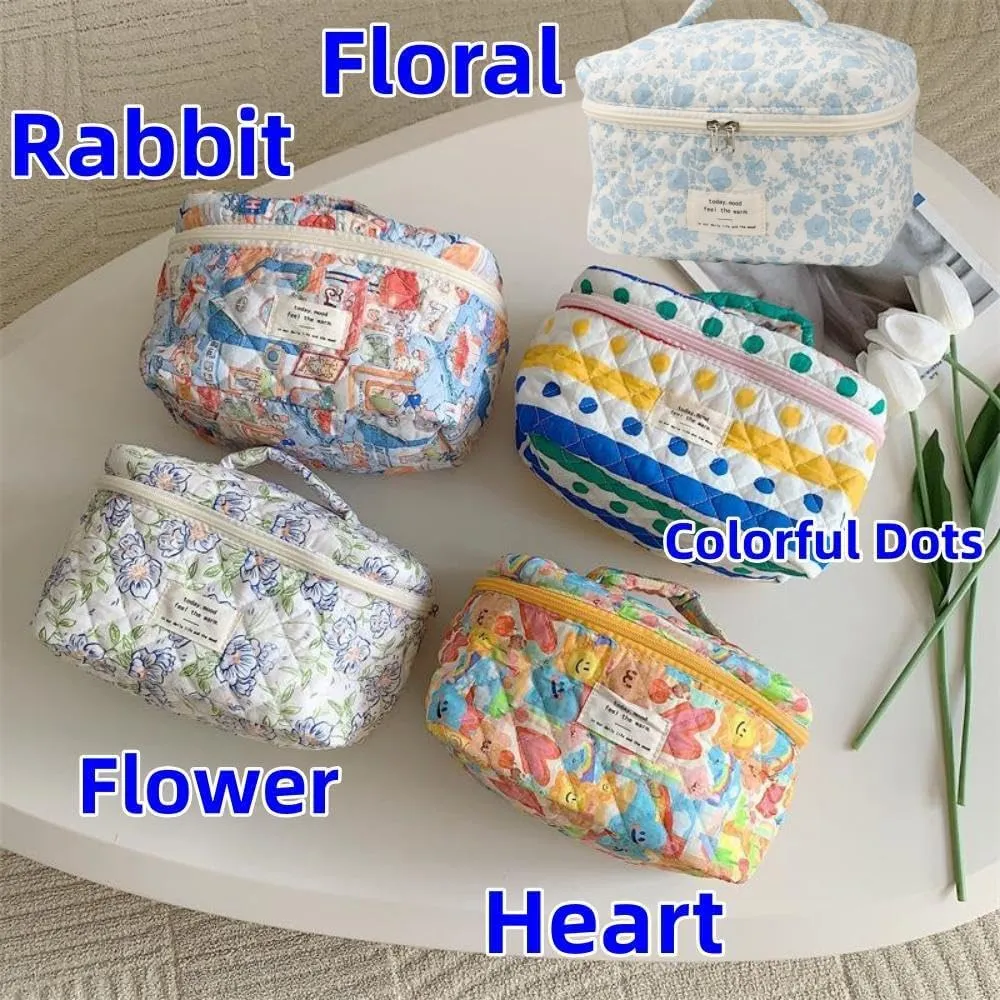 Makeup Bag Travel Essentials Quilted Cosmetic Toiletry Pouch Organizer Insert for Women Dorm Room Essential Gift Large Capacity Opening Lightweight Cute Aesthetic Portable 2PCS (Rabbit)