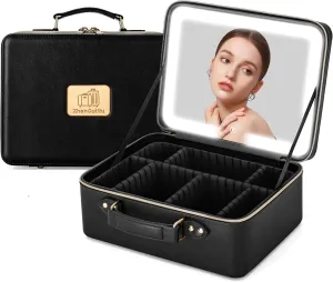 Makeup Bag with LDE Mirror- Portable Cosmetic Organizer for Travel Large Capacity Cosmetic Bag Storage Box (Black)